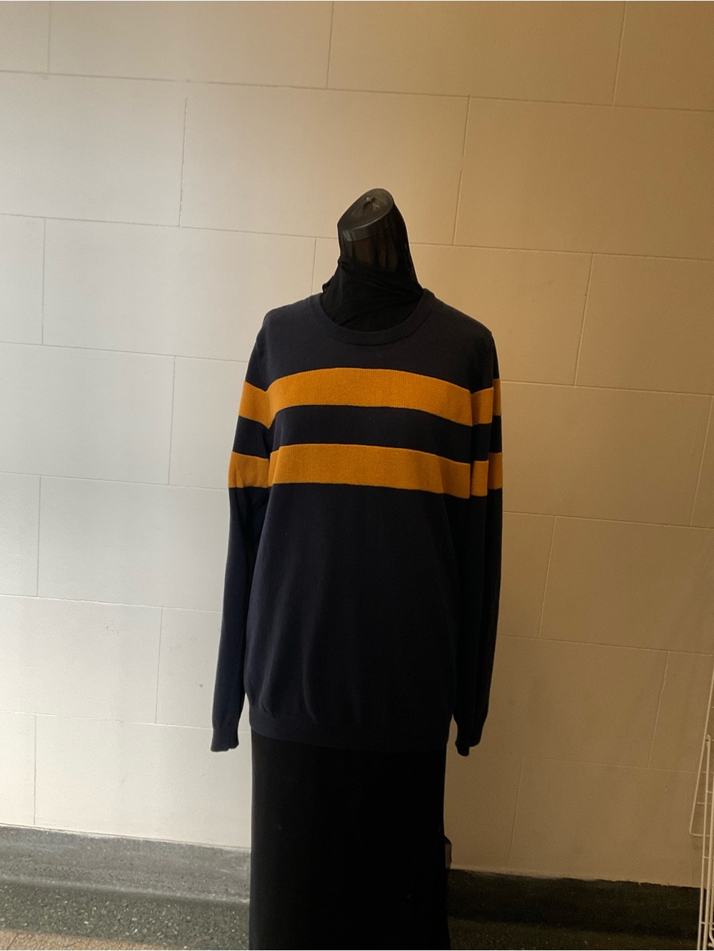 Frank & Oak Navy Sweater with Mustard Stripes